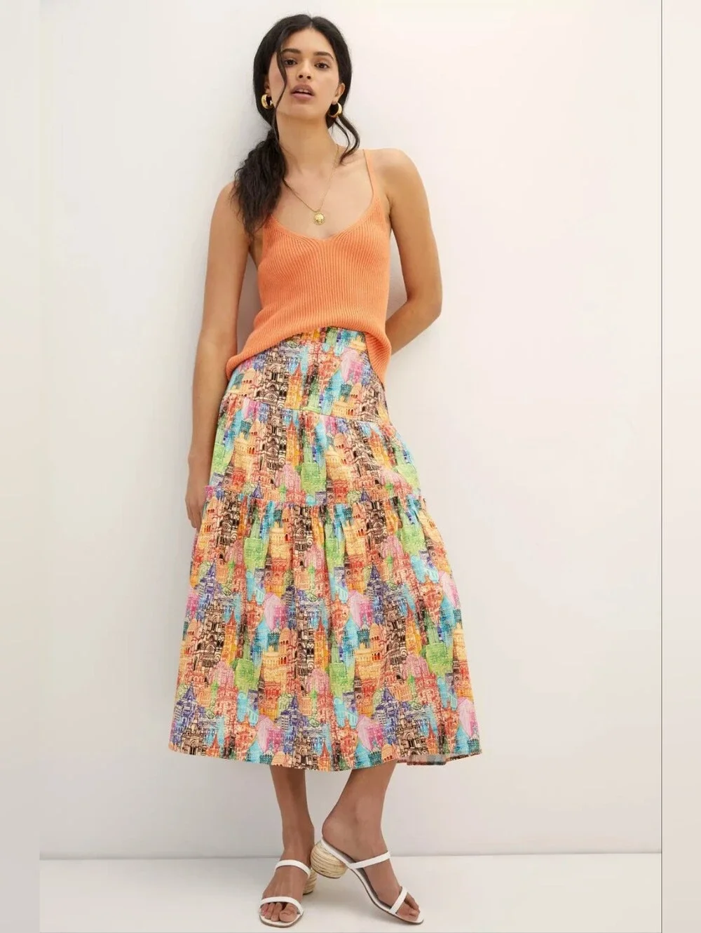 Eva Franco Villa Tiered Maxi Skirt Cityscape Pattern Women's Size 4
